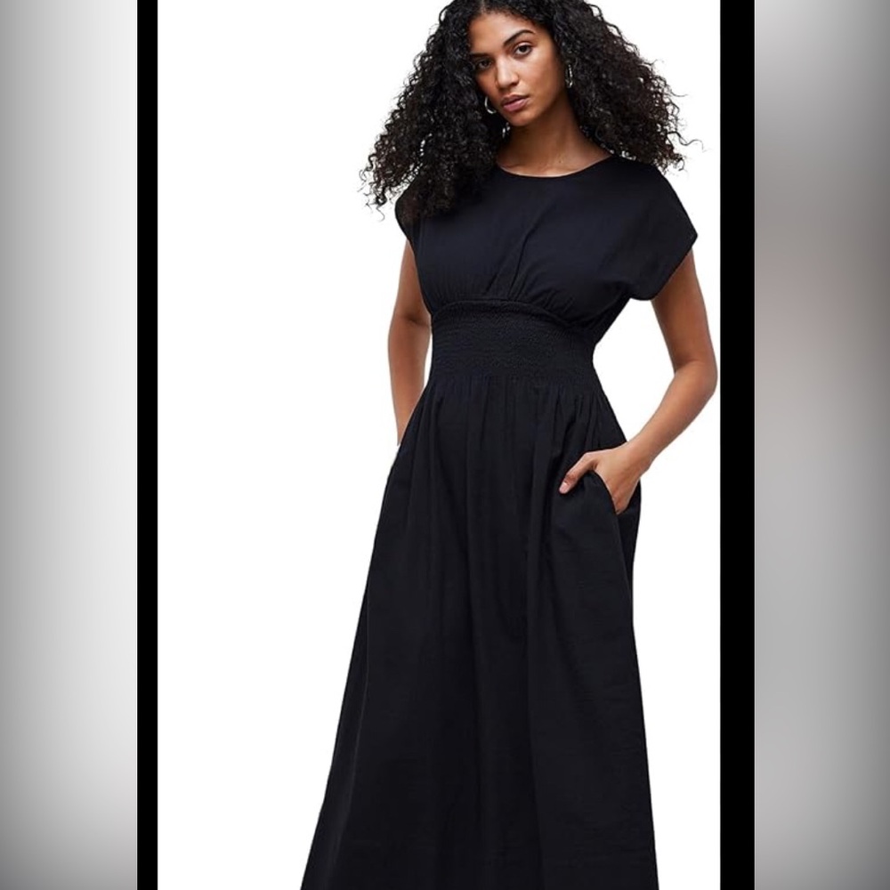 Madewell Black Smocked-Waist Maxi Dress with Cap Sleeves - Picture 2 of 13